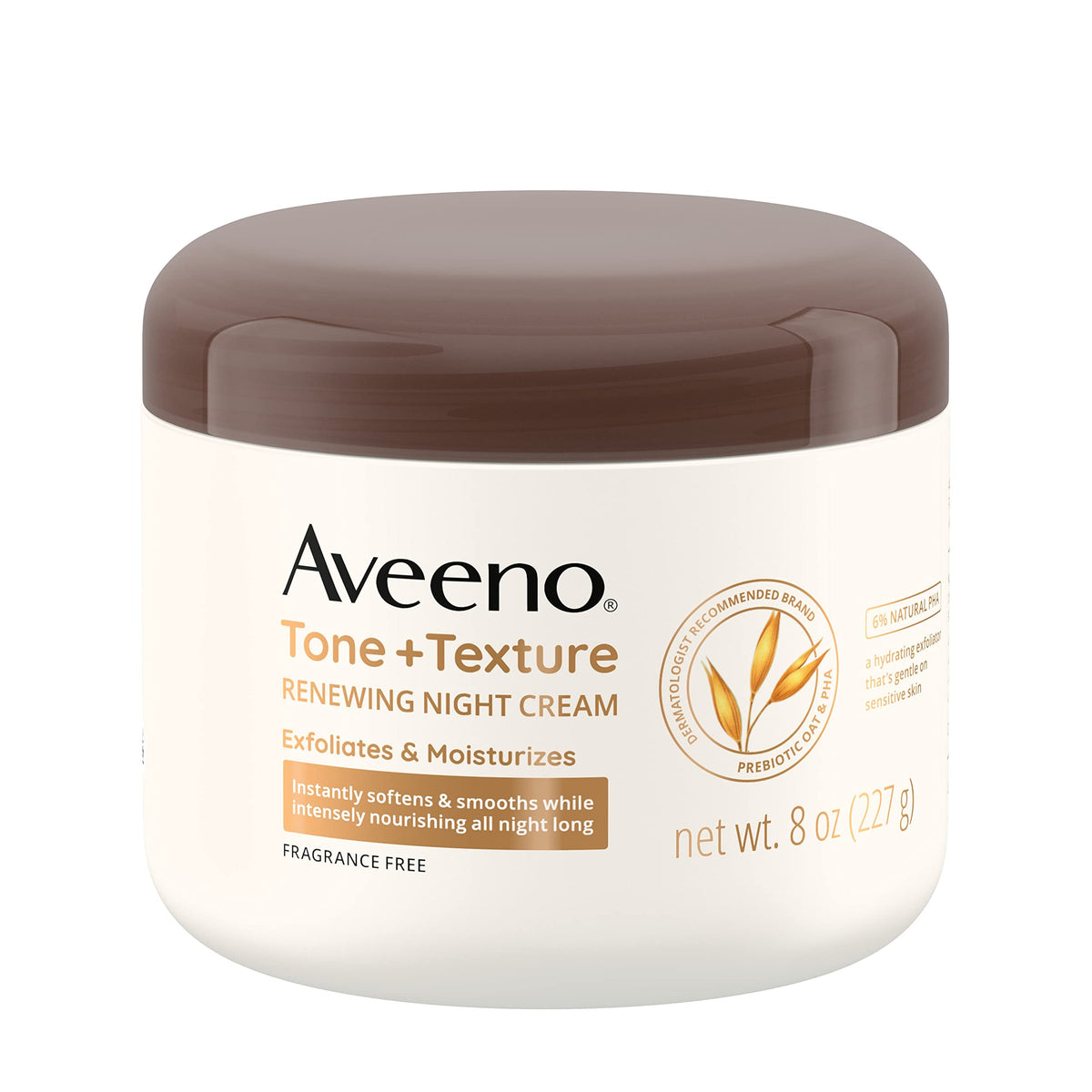 Aveeno Tone + Texture Renewing Night Cream on bathroom shelf; gentle exfoliation and overnight moisture