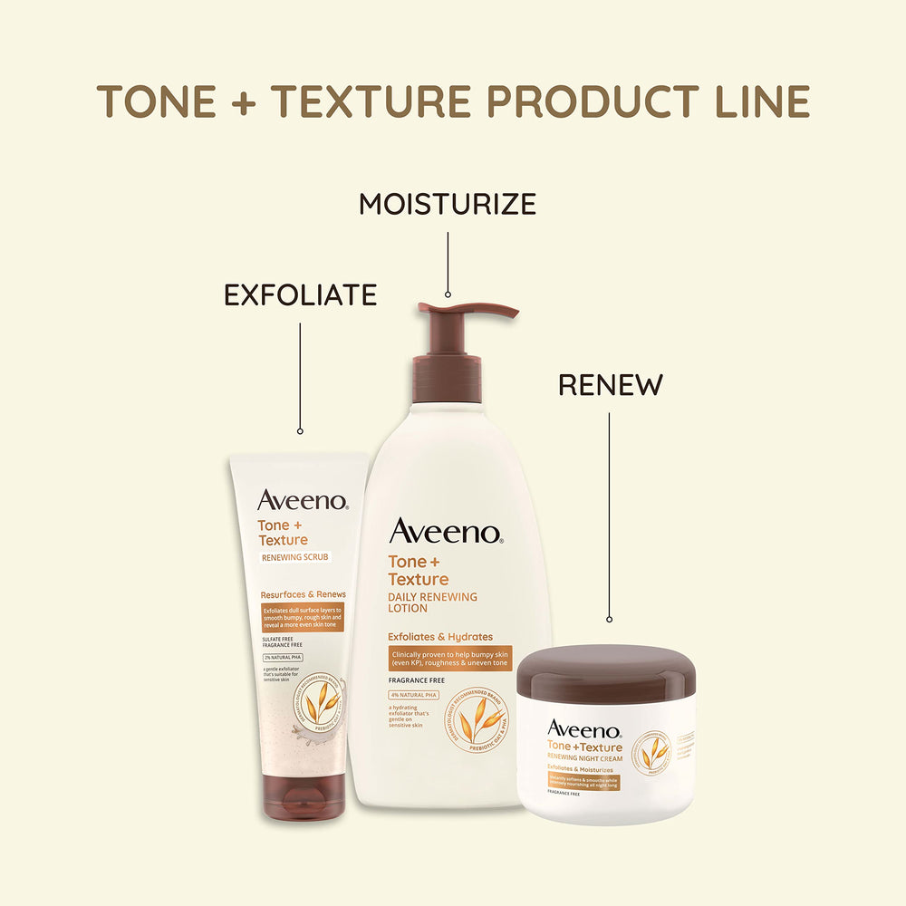 Aveeno Tone + Texture Renewing Night Cream on nightstand for a calm, fragrance-free routine
