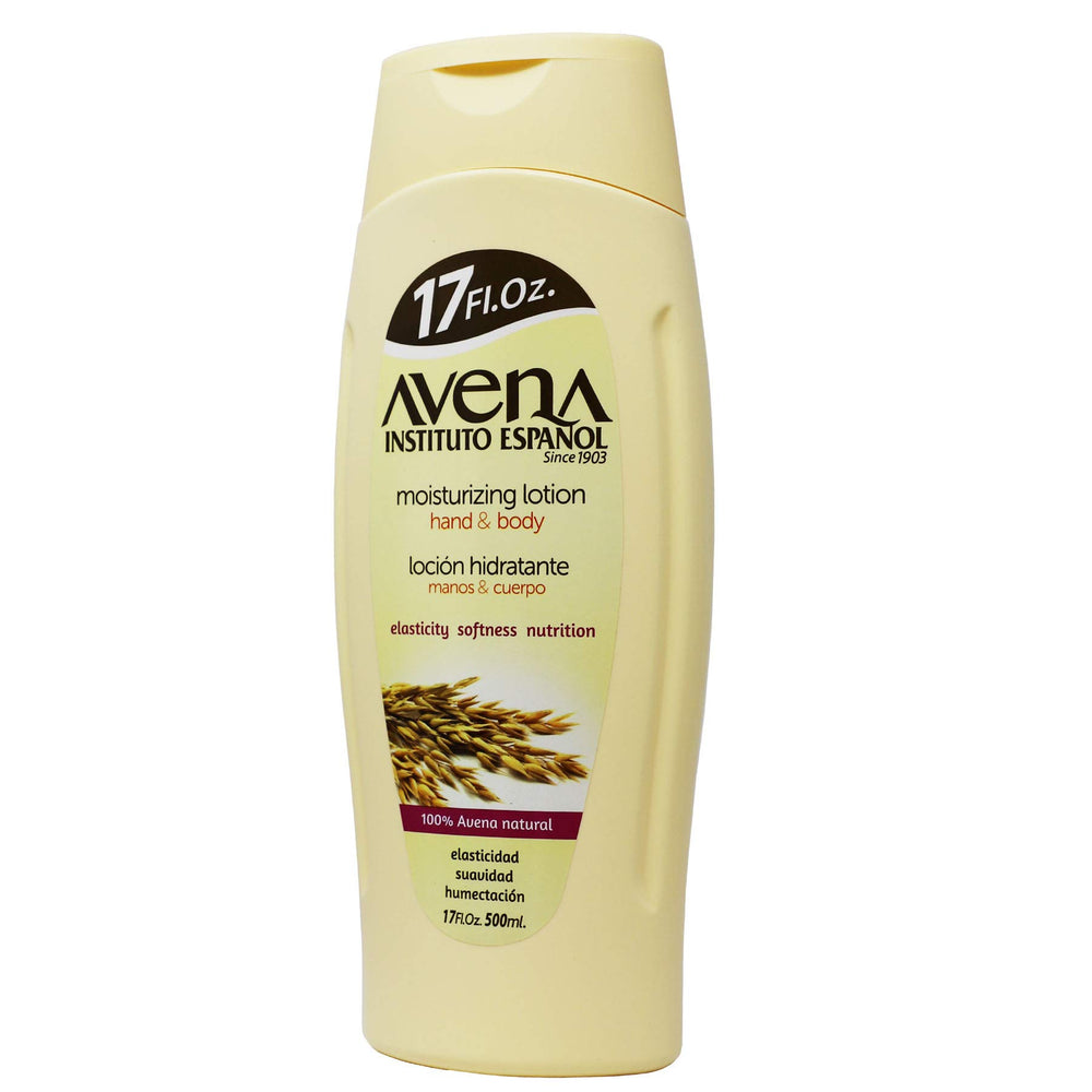 Close-up of oats ingredients in Avena Instituto Español lotion box.