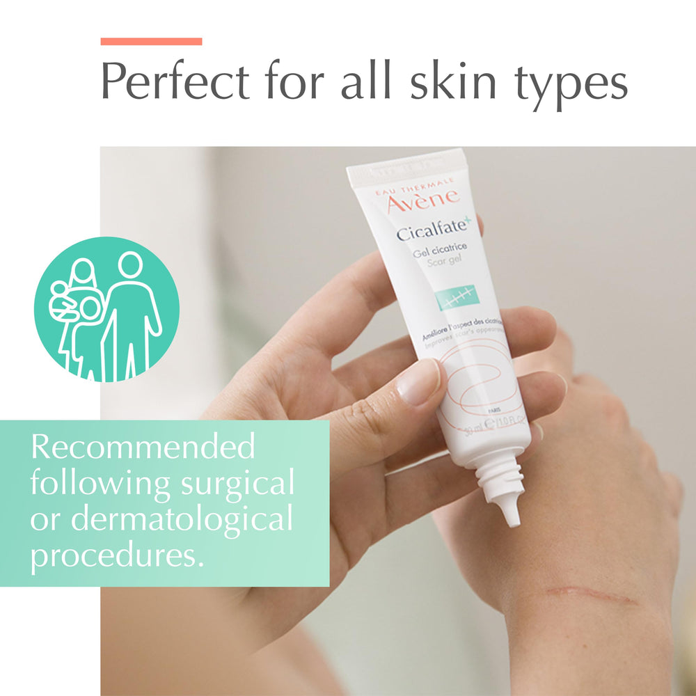Avène product demonstrates twice-daily application for scar care.