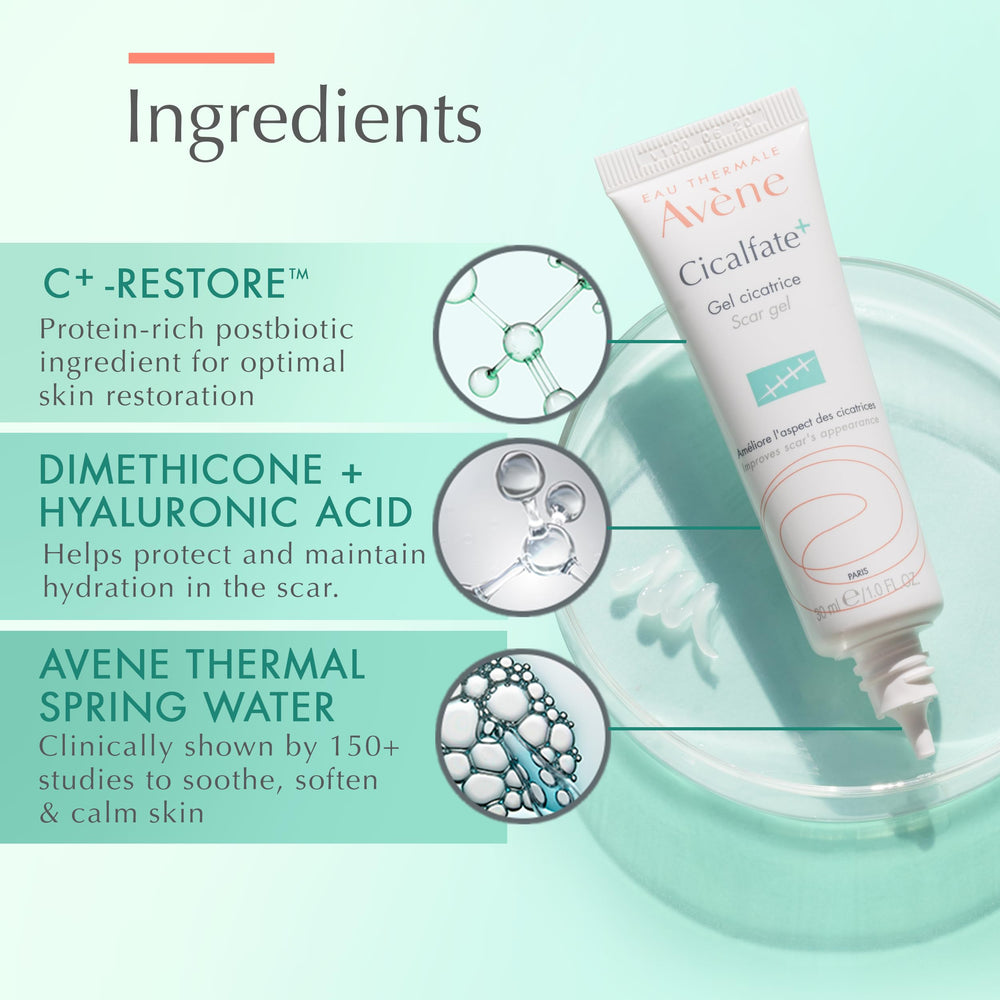 Avène scar care shown on face and body application.