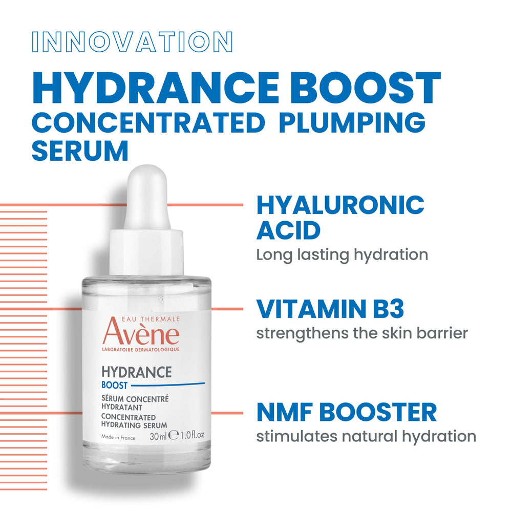 Skin shows a dewy glow after using Avène Hydrance Boost Serum.