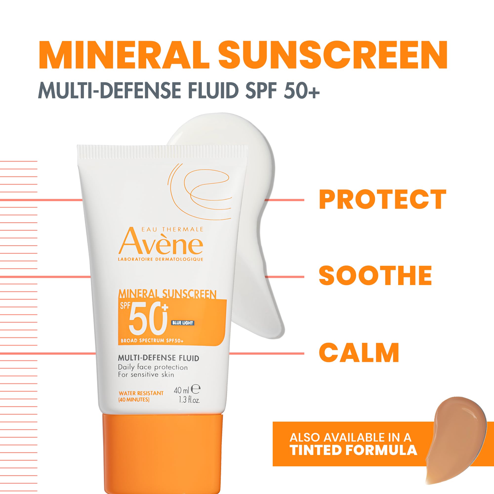 Avène packaging highlighting 100% mineral filters and antioxidant protection.