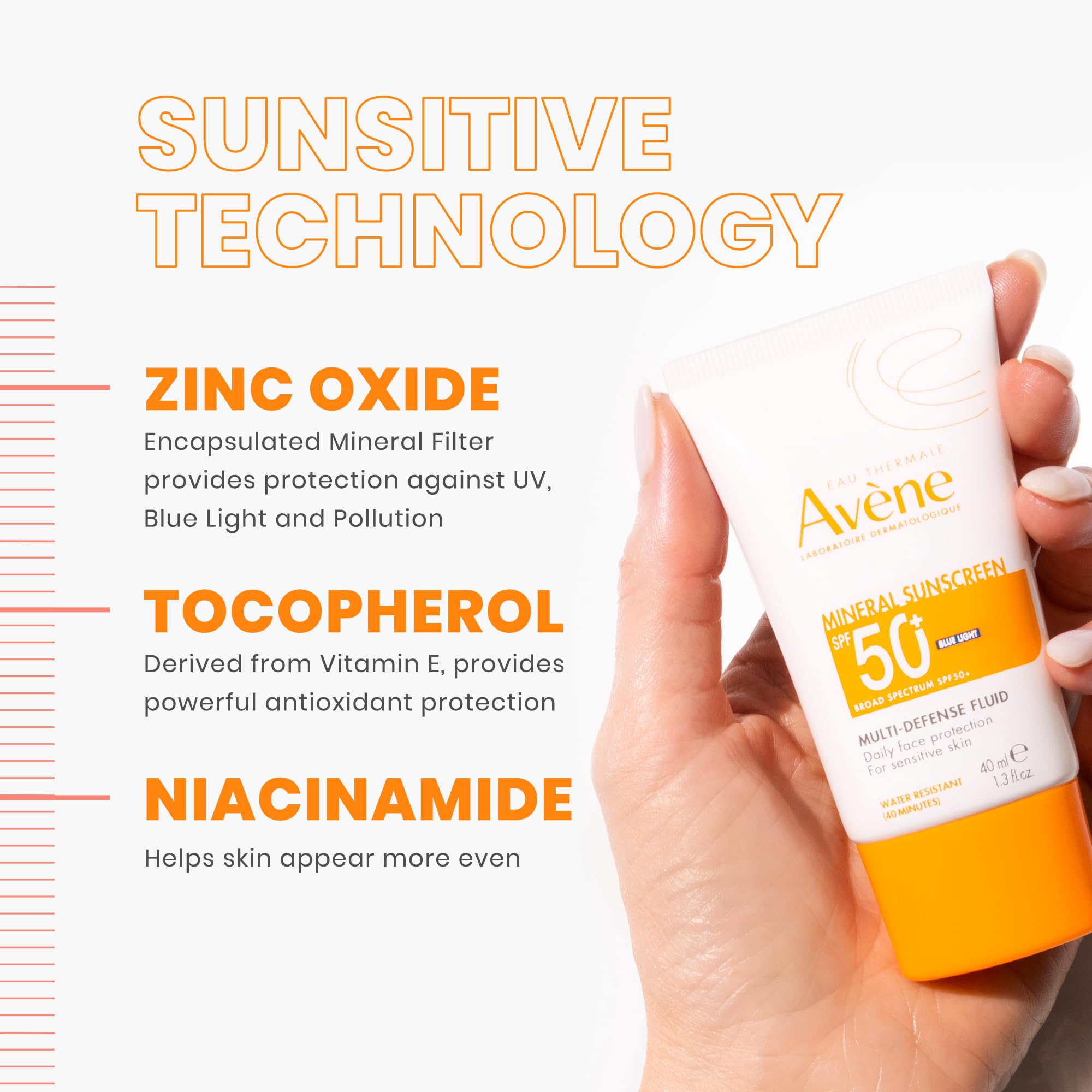 Skin swatch shows the sheer finish of Avène sunscreen.