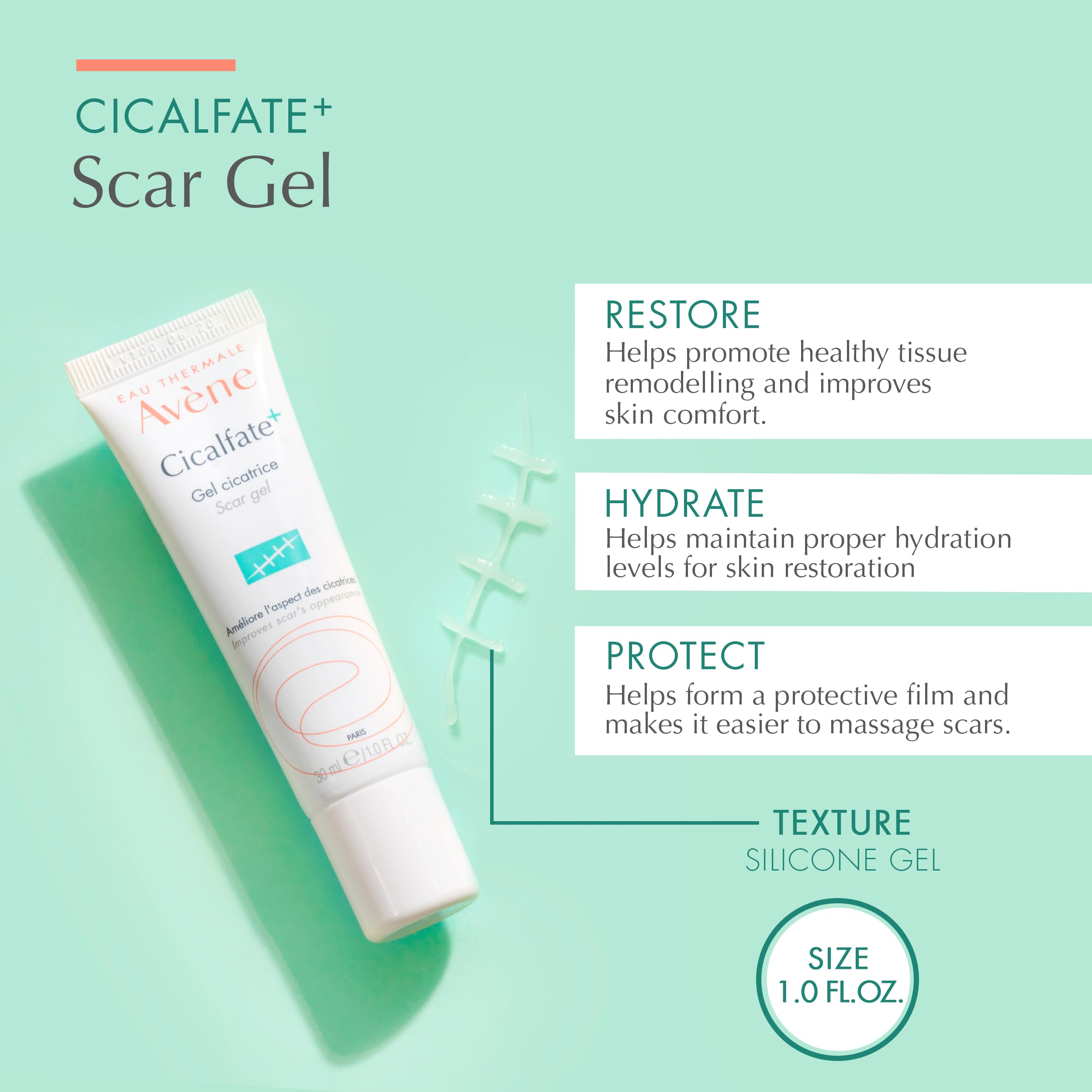 Applying Avène scar gel with massage technique on skin.