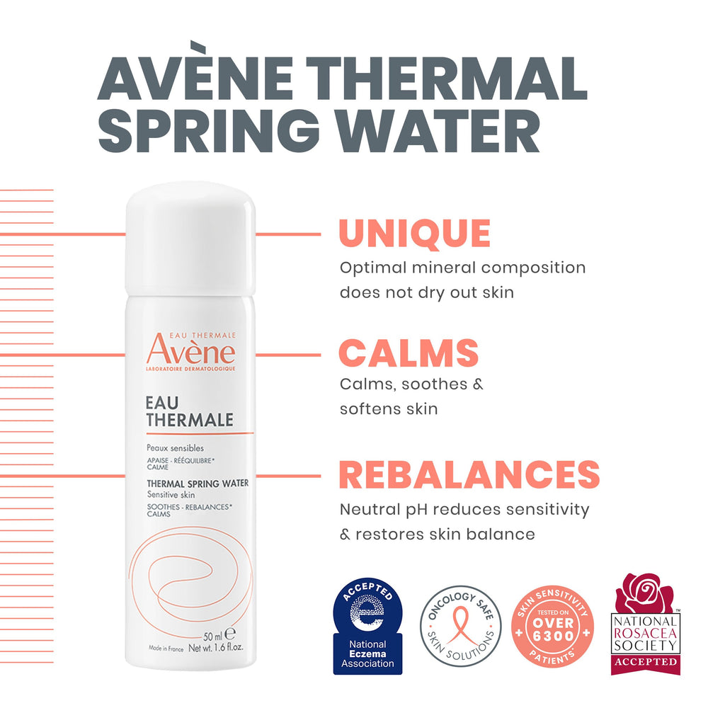 Using Avène soothing mist on the face for gentle relief and refreshment.