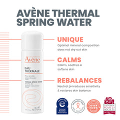 Using Avène soothing mist on the face for gentle relief and refreshment.