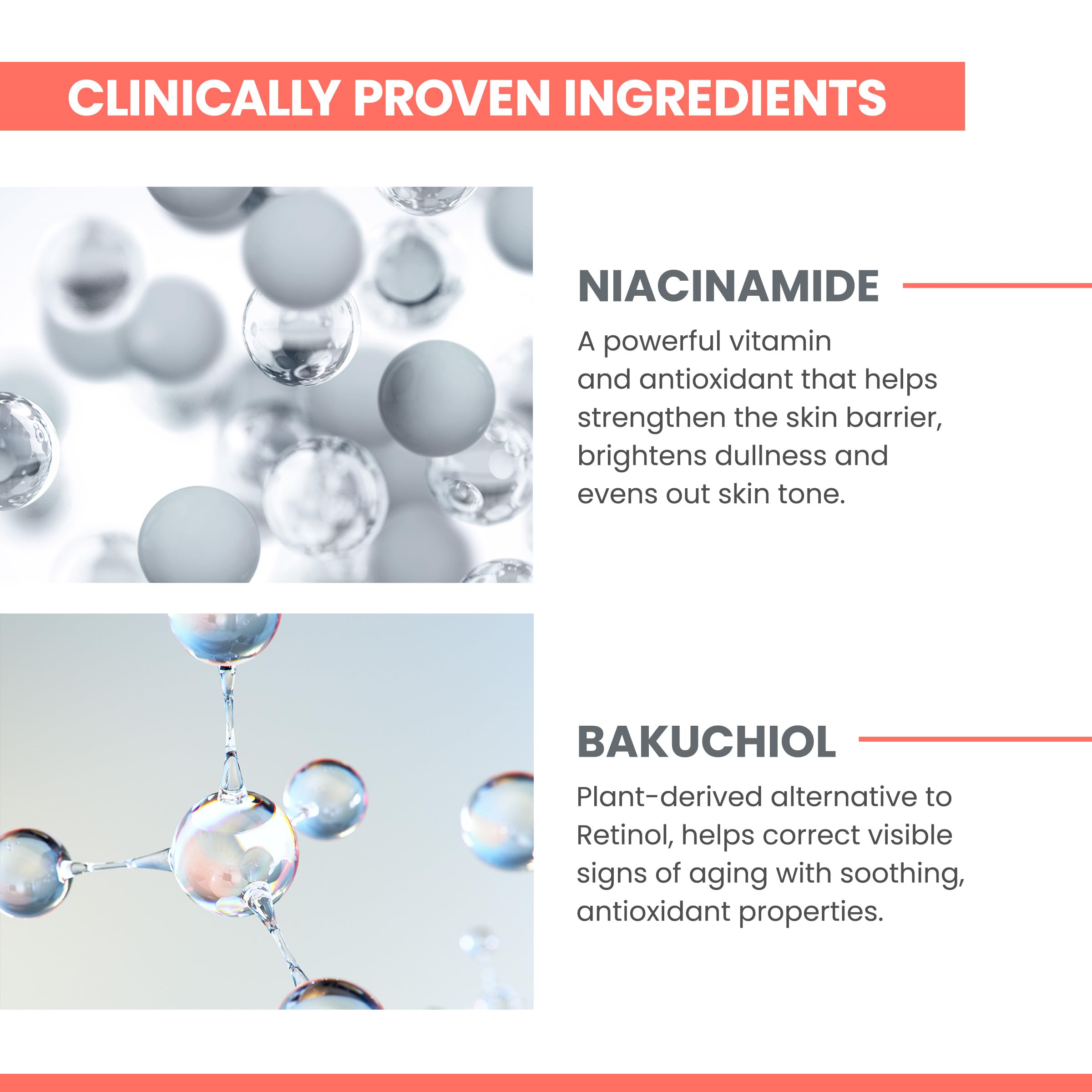 Ingredient close-up highlights Vitamin Cg, Niacinamide, Bakuchiol in Avène serum.