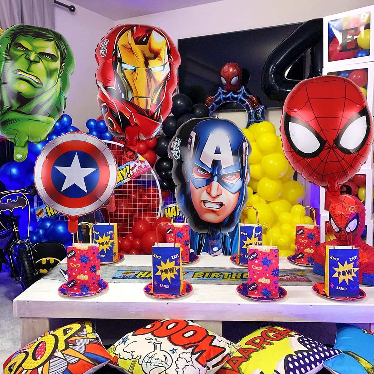 Home decor setup with Avengers foil balloons for a festive vibe.