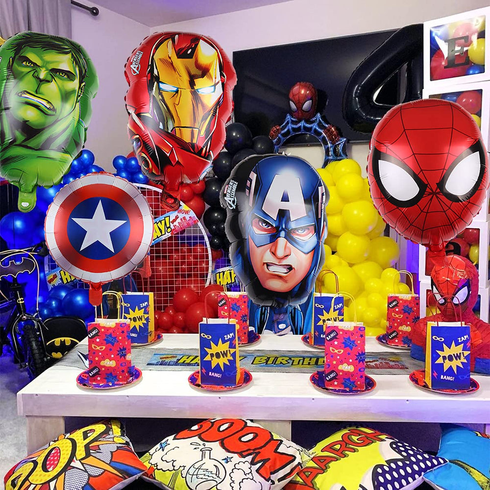 Home decor setup with Avengers foil balloons for a festive vibe.
