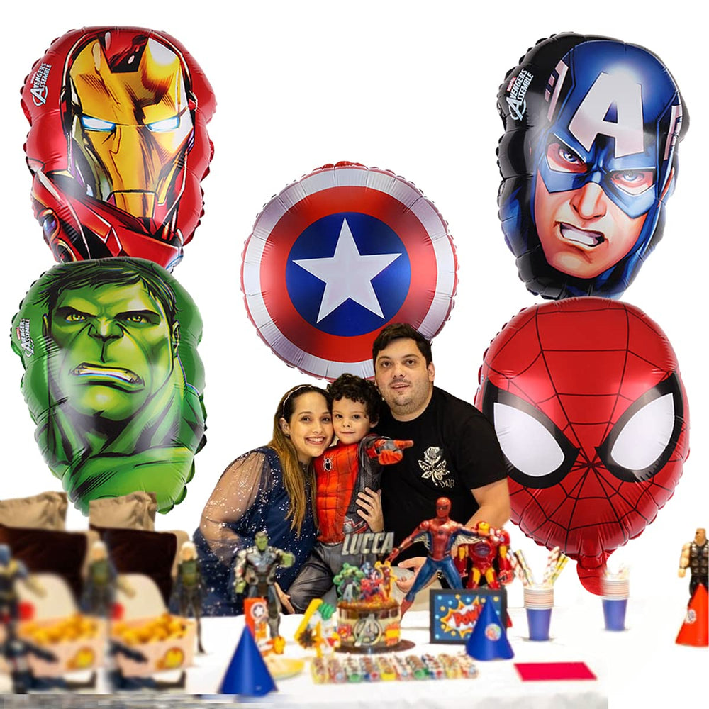 Avengers foil balloons used as vibrant party decorations and arches.