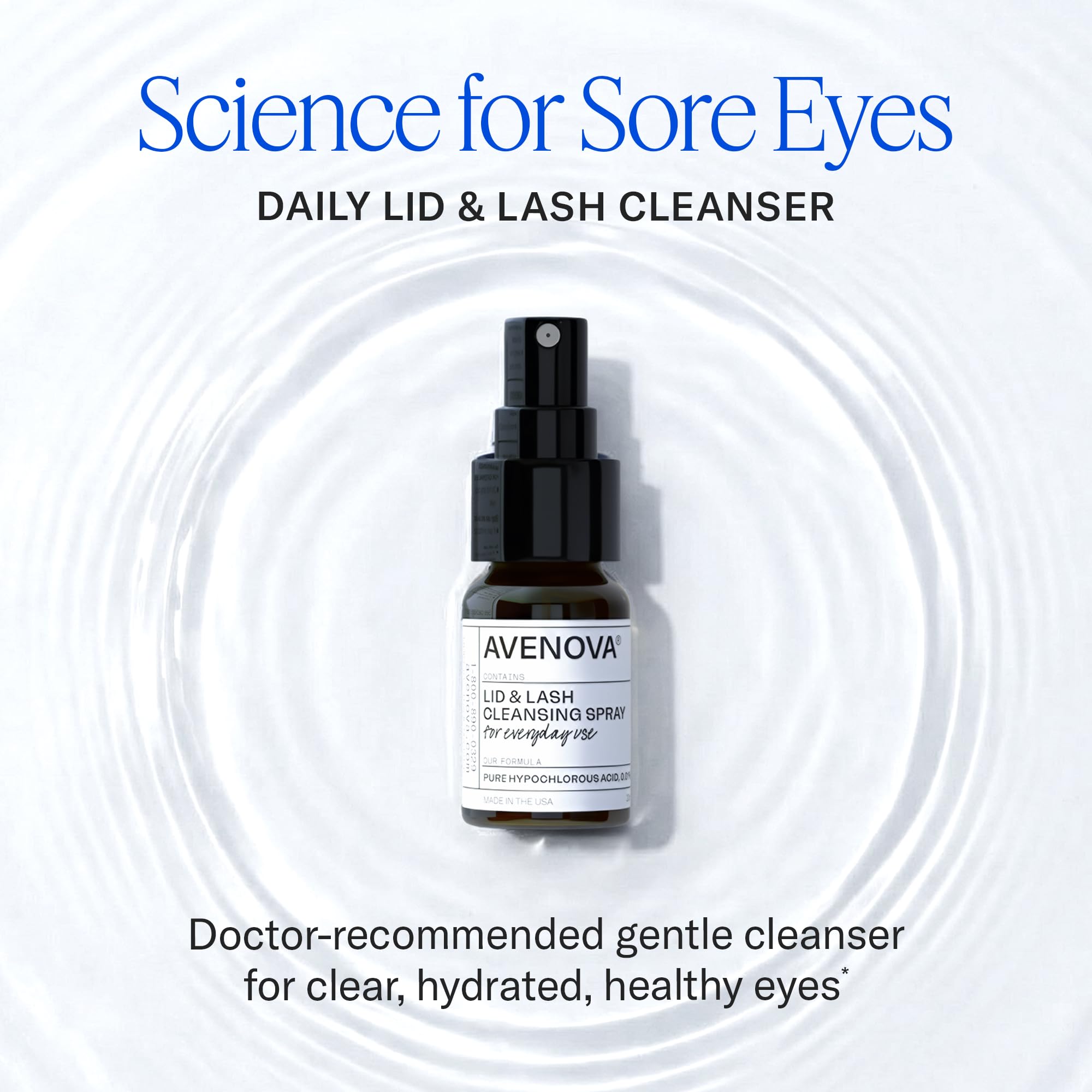 Avenova spray application close-up demonstrating easy eyelid cleaning.