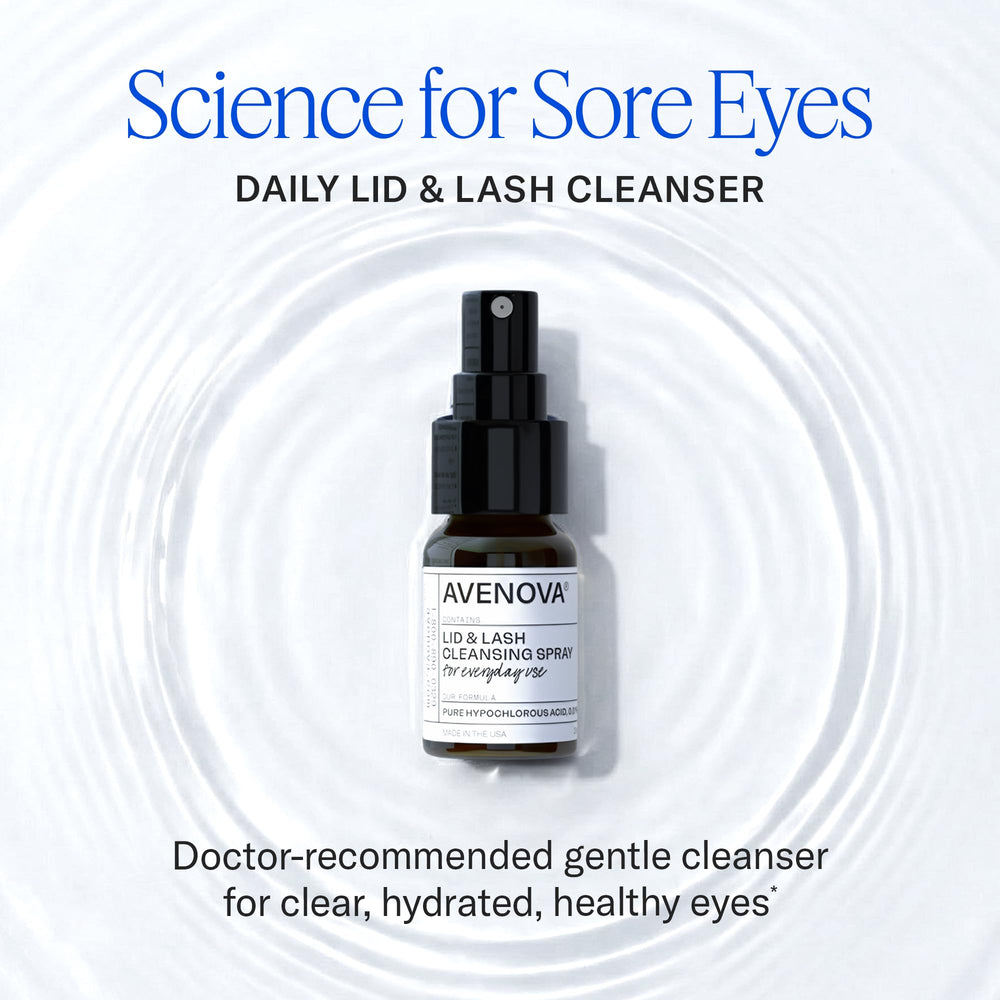 Avenova spray application close-up demonstrating easy eyelid cleaning.