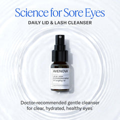 Avenova spray application close-up demonstrating easy eyelid cleaning.