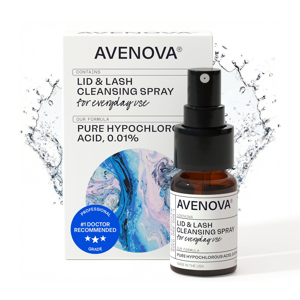 Avenova eyelid cleanser spray bottle for gentle daily eye care.