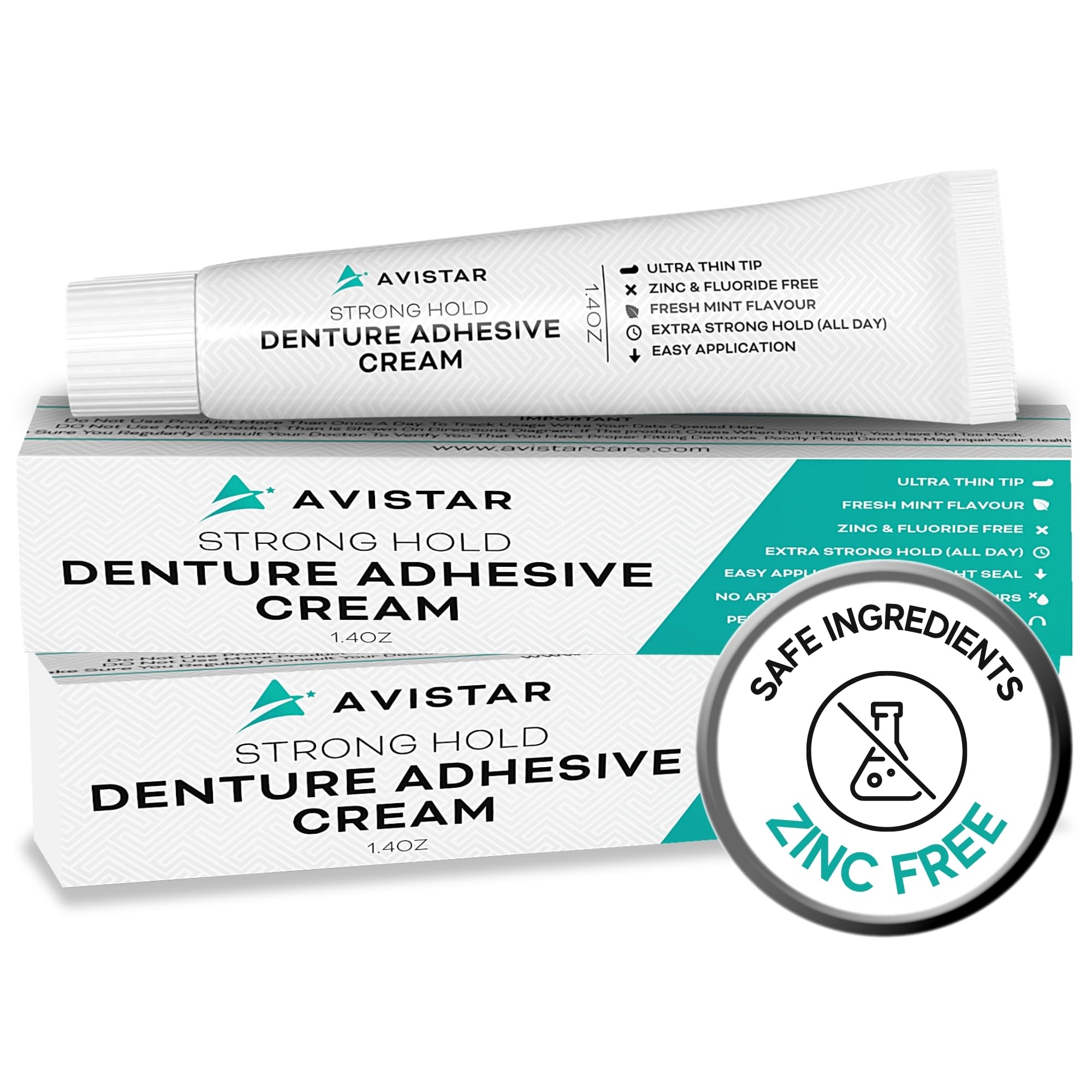 Avistar extra-strong denture adhesive tube with ergonomic design for precise application.