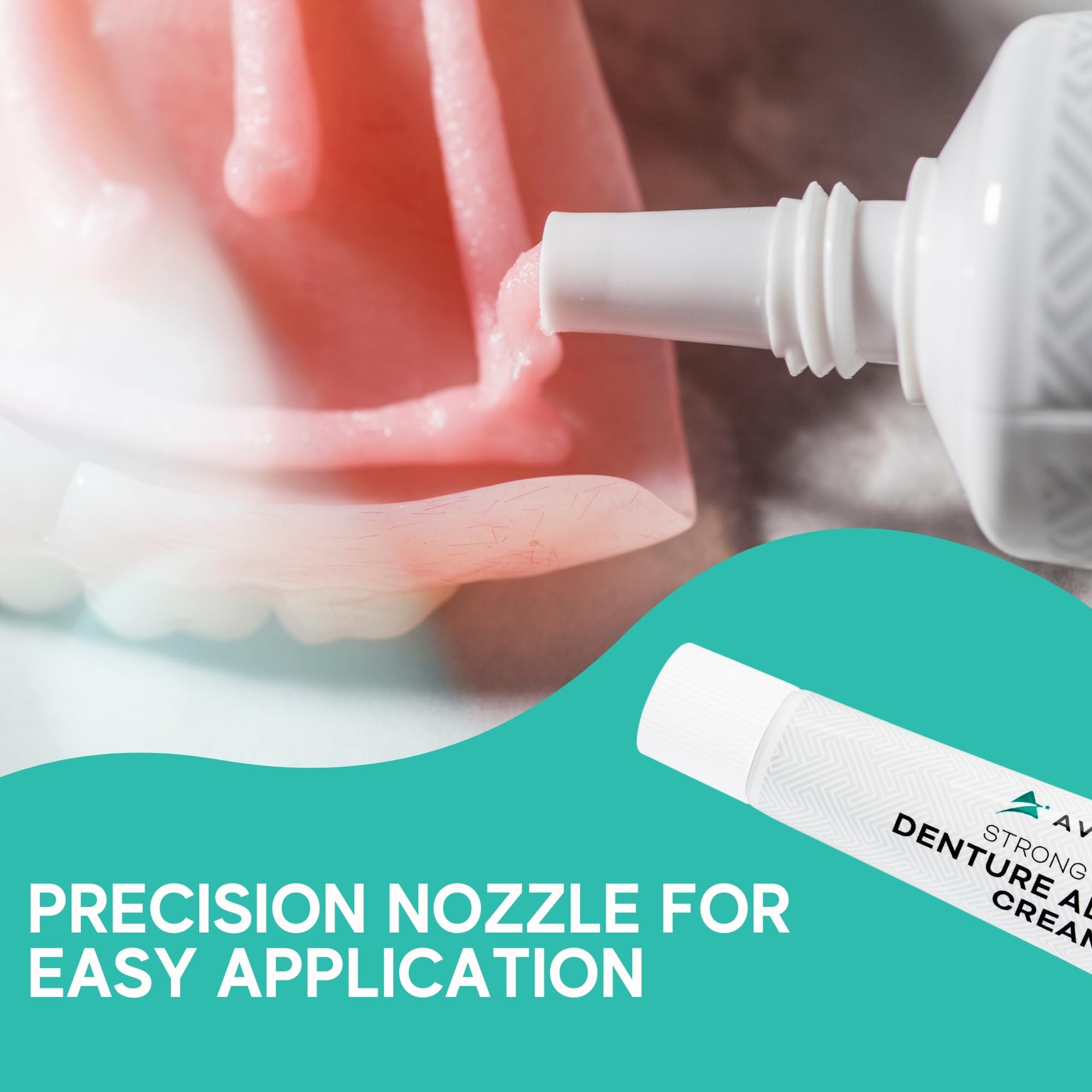 Avistar precision nozzle enables easy, controlled application for full or partial dentures.