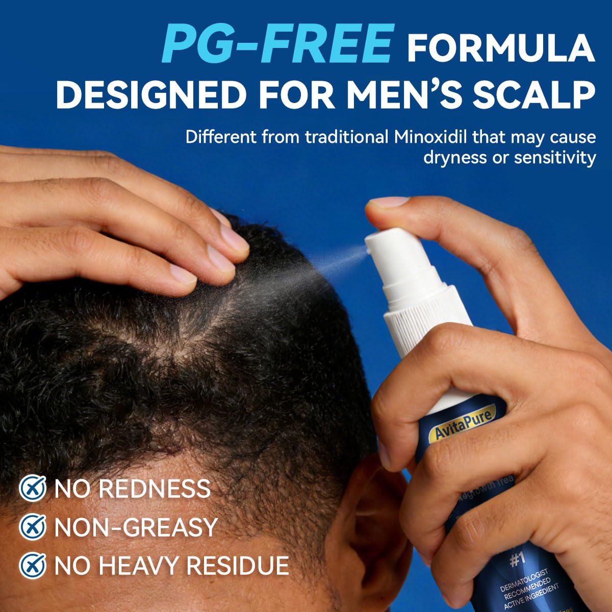 AVITAPURE fast-dry minoxidil spray showing non-greasy finish after application