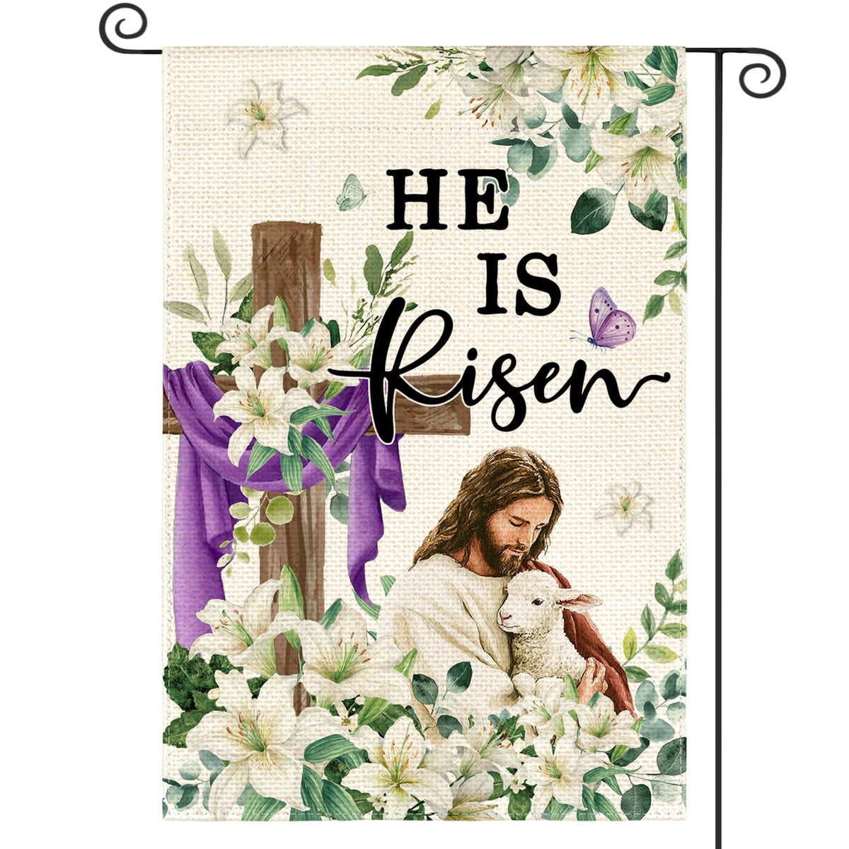 AVOIN colorlife He Is Risen flag with Jesus, cross, and lilies for outdoor decor.