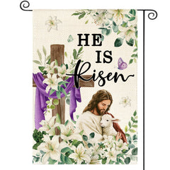 AVOIN colorlife He Is Risen flag with Jesus, cross, and lilies for outdoor decor.