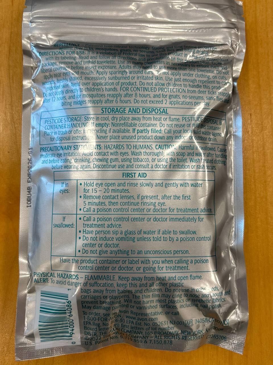 AVON Skin So Soft Bug Guard sealed foil packet preserves freshness for trips