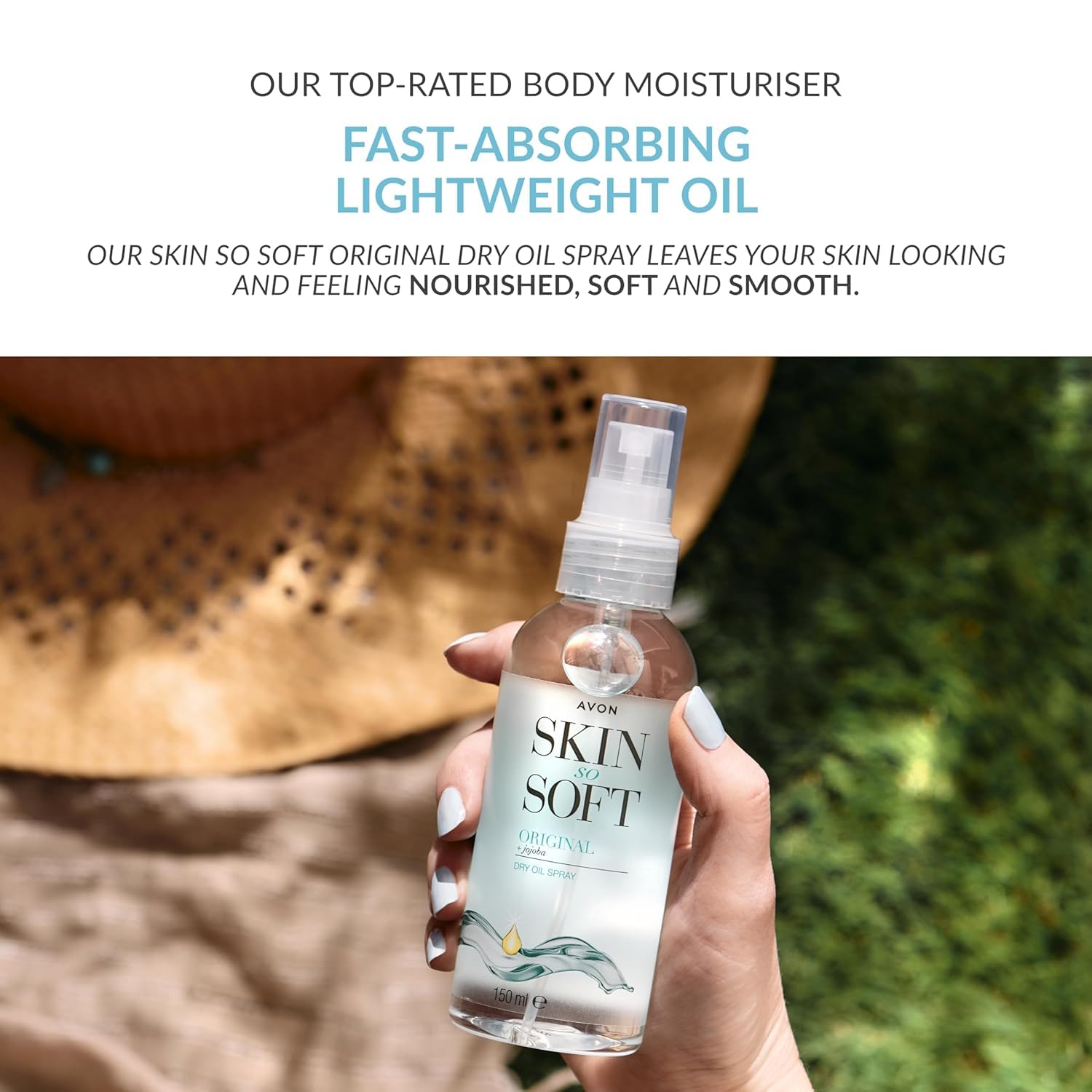 AVON SKIN SO SOFT Silky finish closeup highlights a smooth skin result.