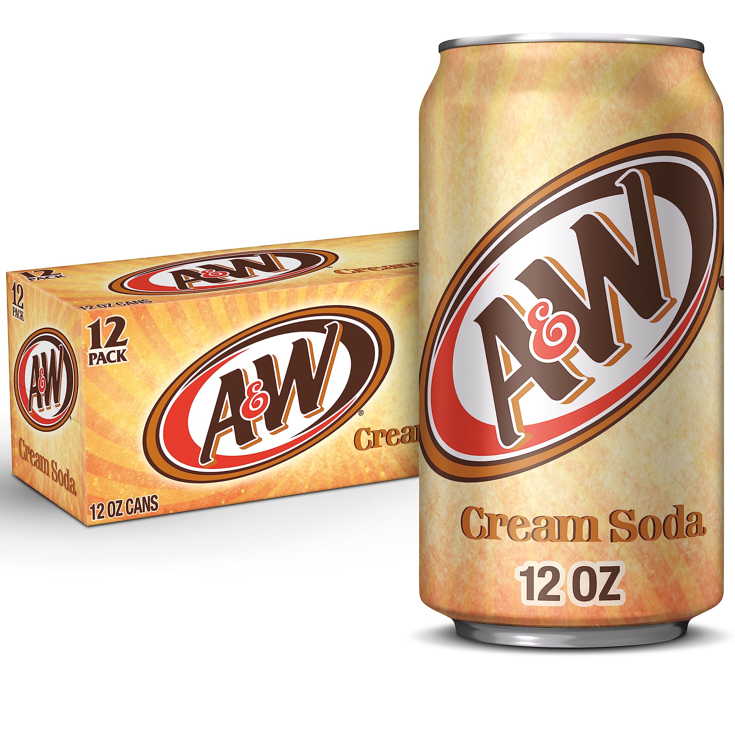 A&W Cream Soda can 12-pack on shelf, perfect for gatherings.