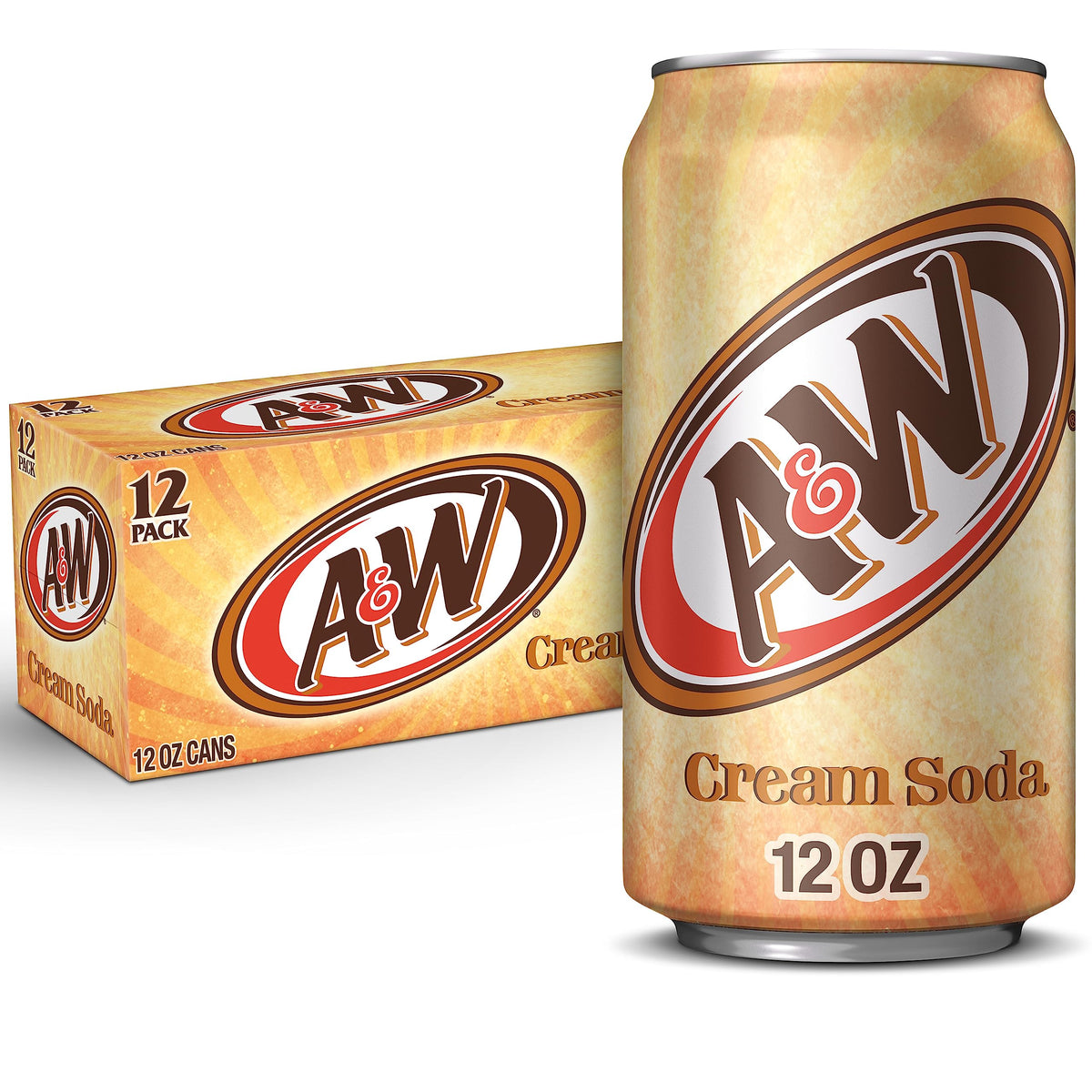 A&W Cream Soda can 12-pack on shelf, perfect for gatherings.