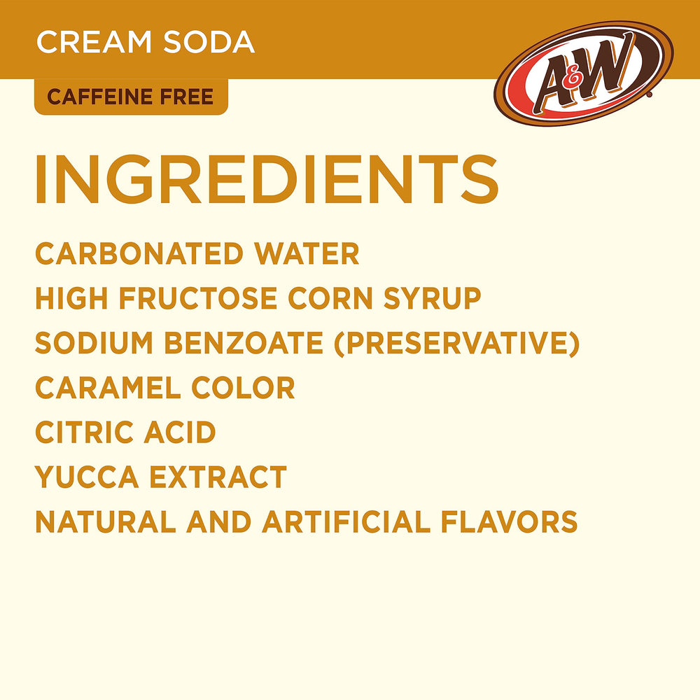 A&W Cream Soda packaging highlights vanilla cream flavor for quick recognition.