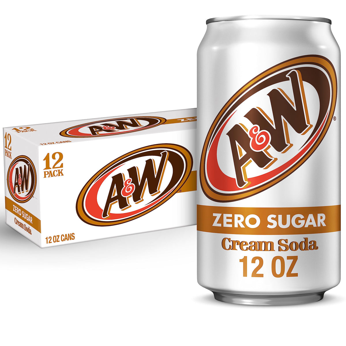 A&W Cream Soda Zero Sugar can front view showing creamy flavor promise.