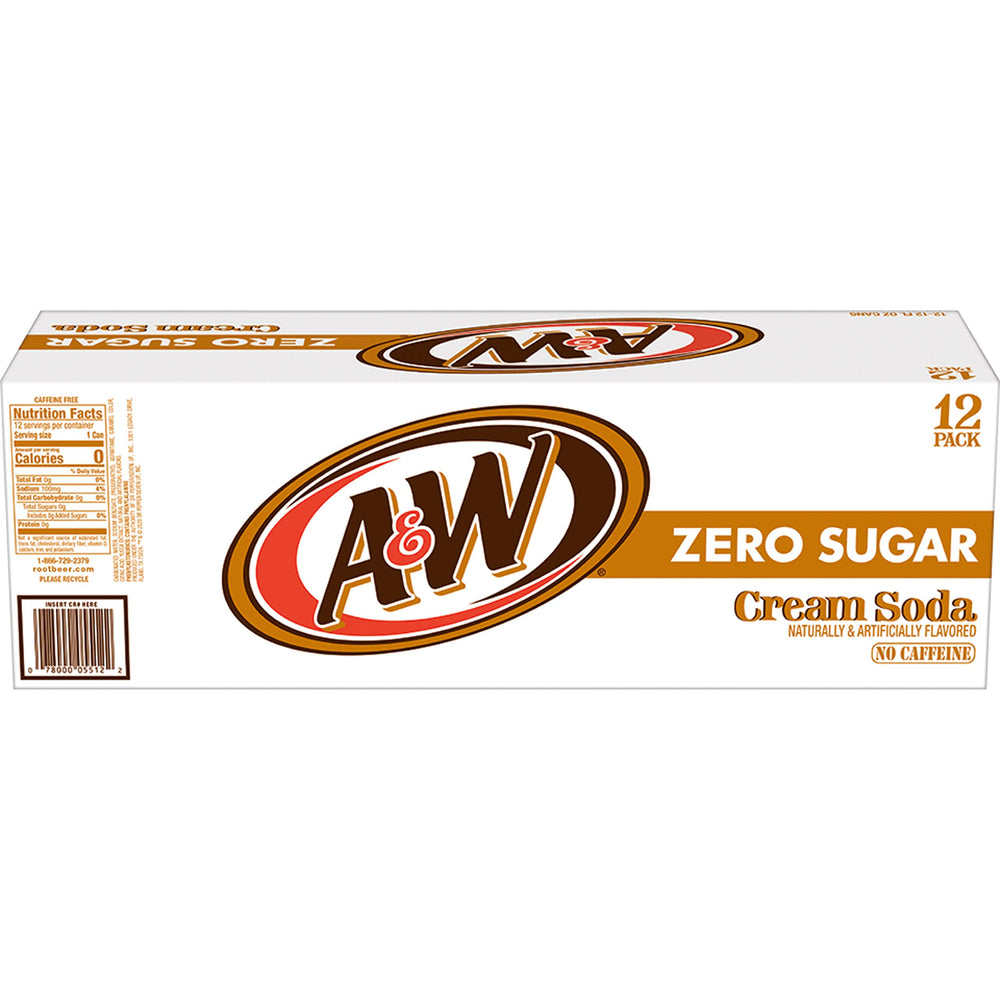 A&W Cream Soda Zero Sugar can beside a glass ready to serve.