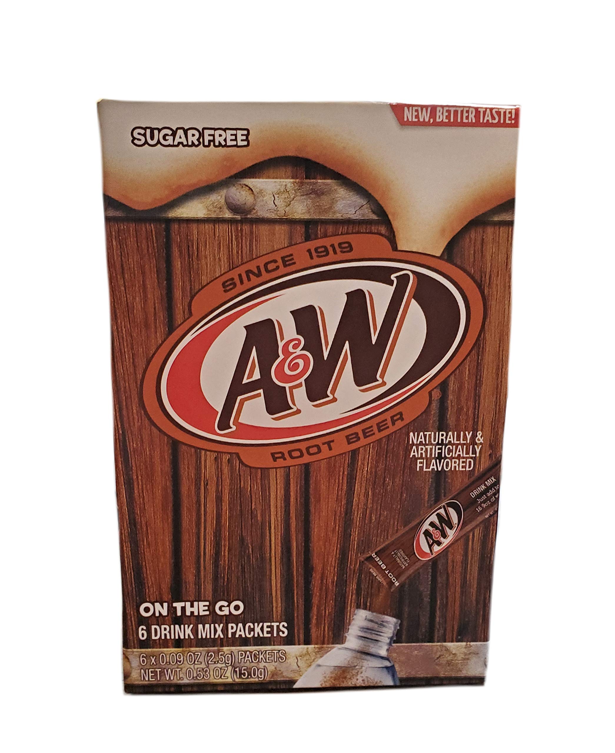 A&W Root Beer sugar-free, caffeine-free packets shown for portable enjoyment.