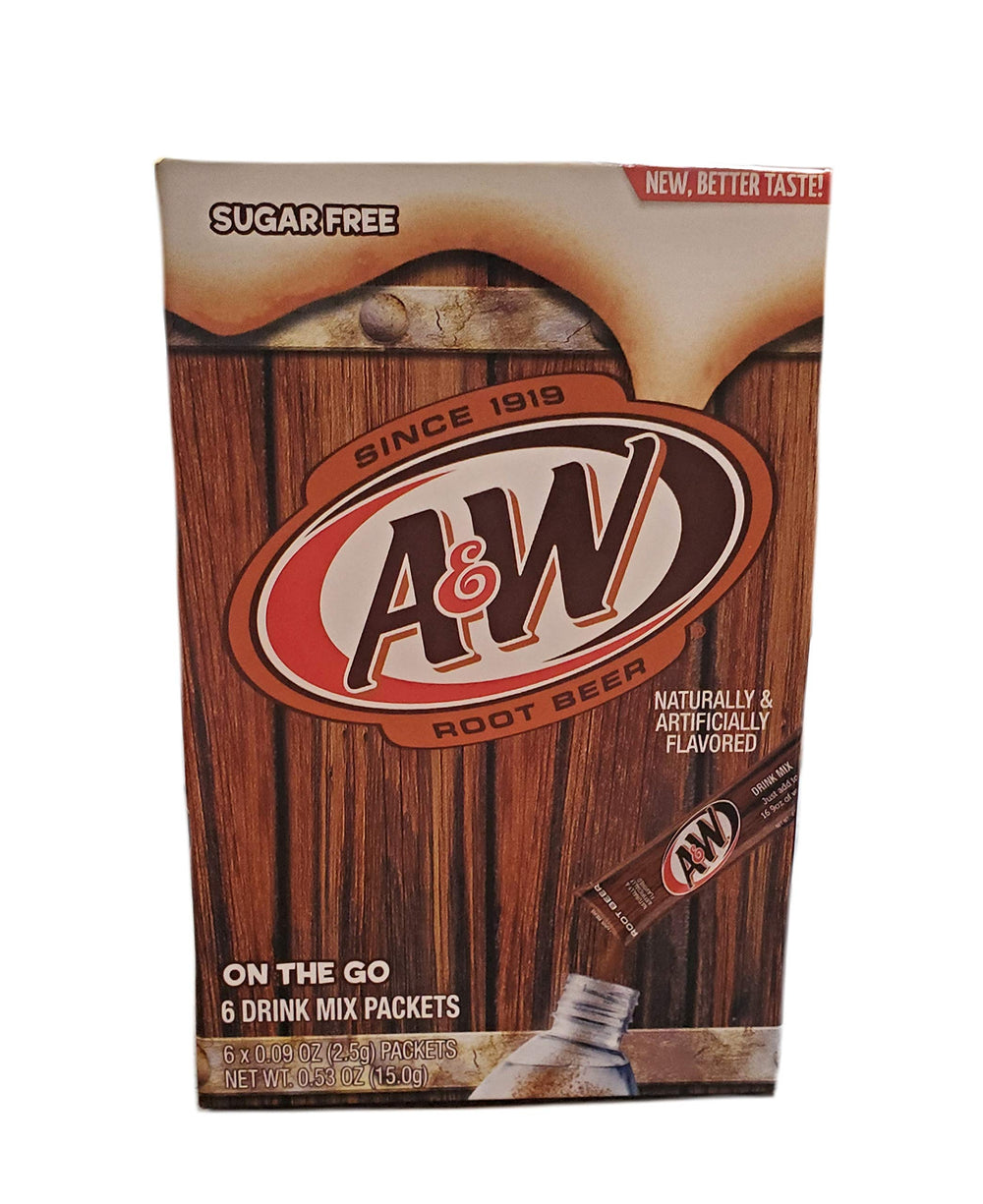 A&W Root Beer sugar-free, caffeine-free packets shown for portable enjoyment.