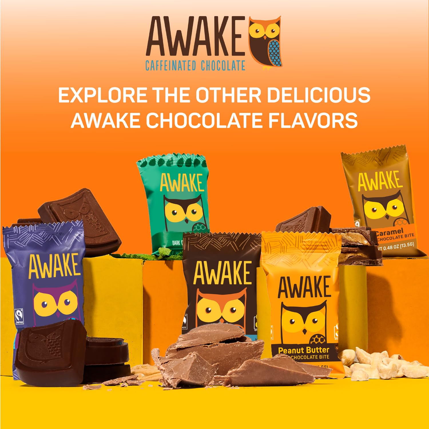 Fairtrade logo and AWAKE bites emphasize ethical sourcing