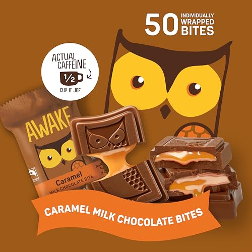 Premium caramel milk chocolate bite melt-in-mouth texture in AWAKE pack