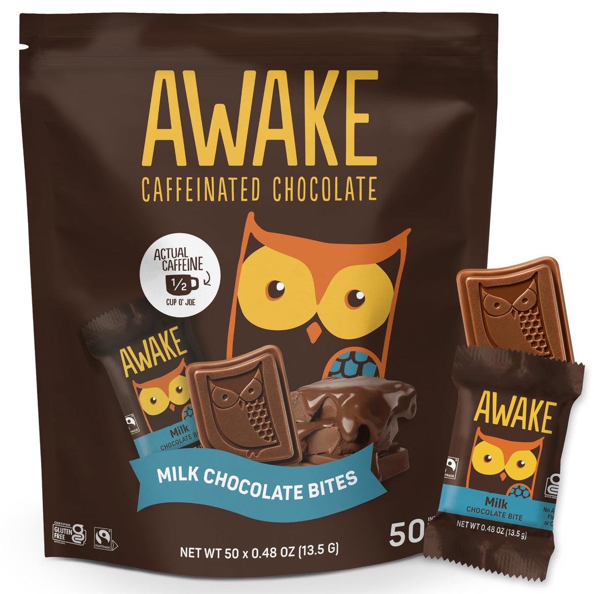 AWAKE caffeinated chocolate bites packaging shows a premium fairtrade treat for energizing afternoons