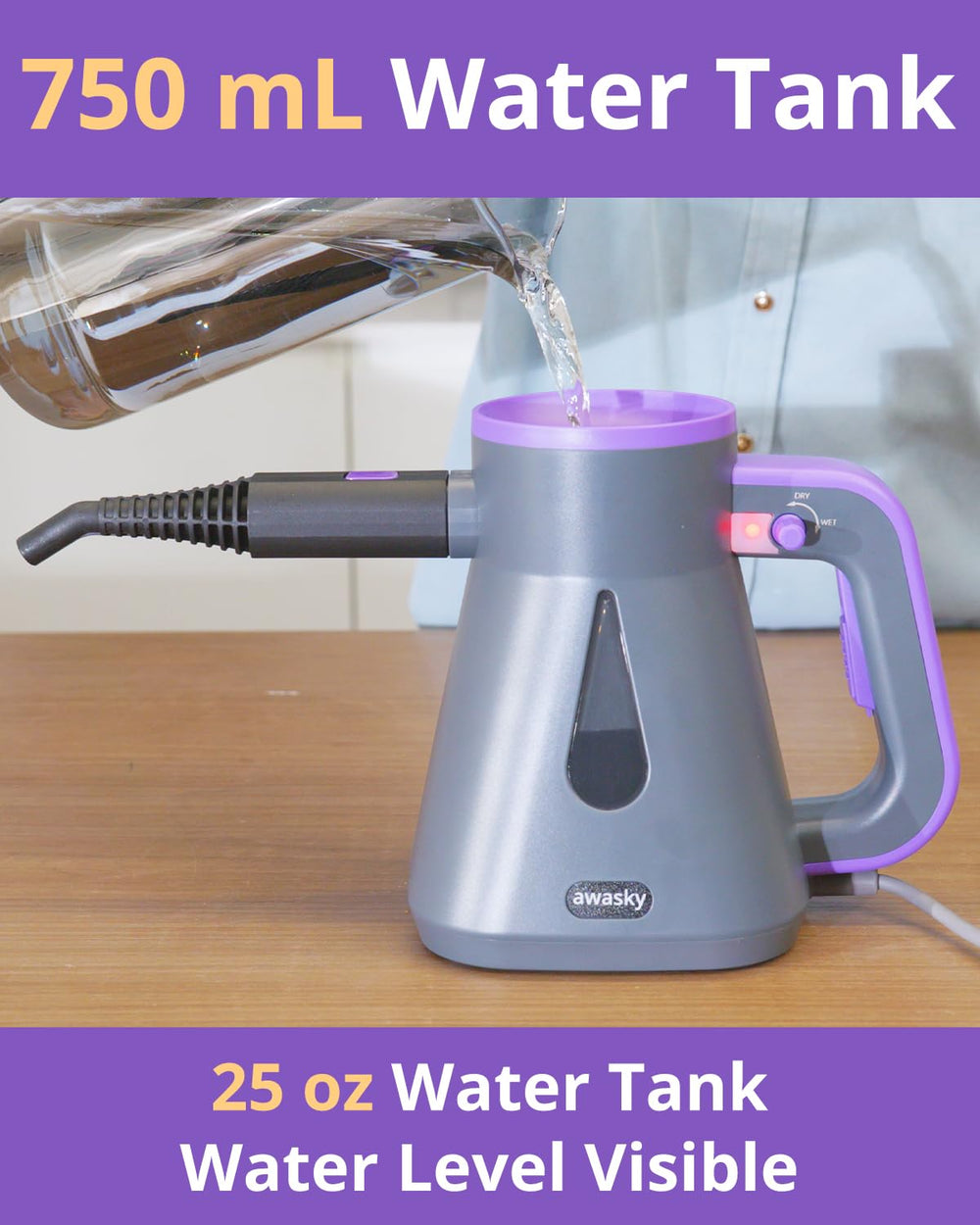 awasky handheld steam cleaner on car seat for interior detailing.
