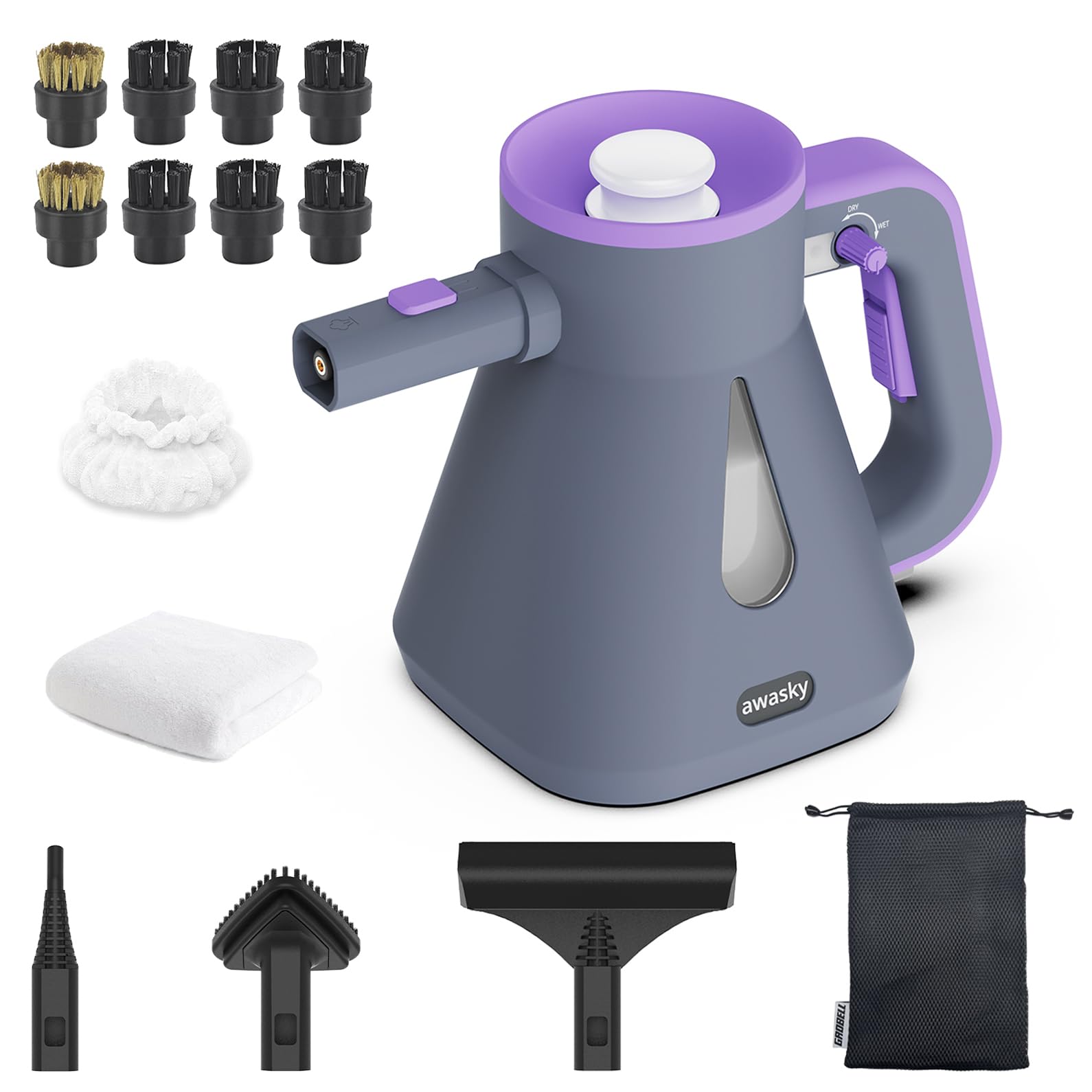 awasky handheld steam cleaner front view, compact design for quick home cleaning.