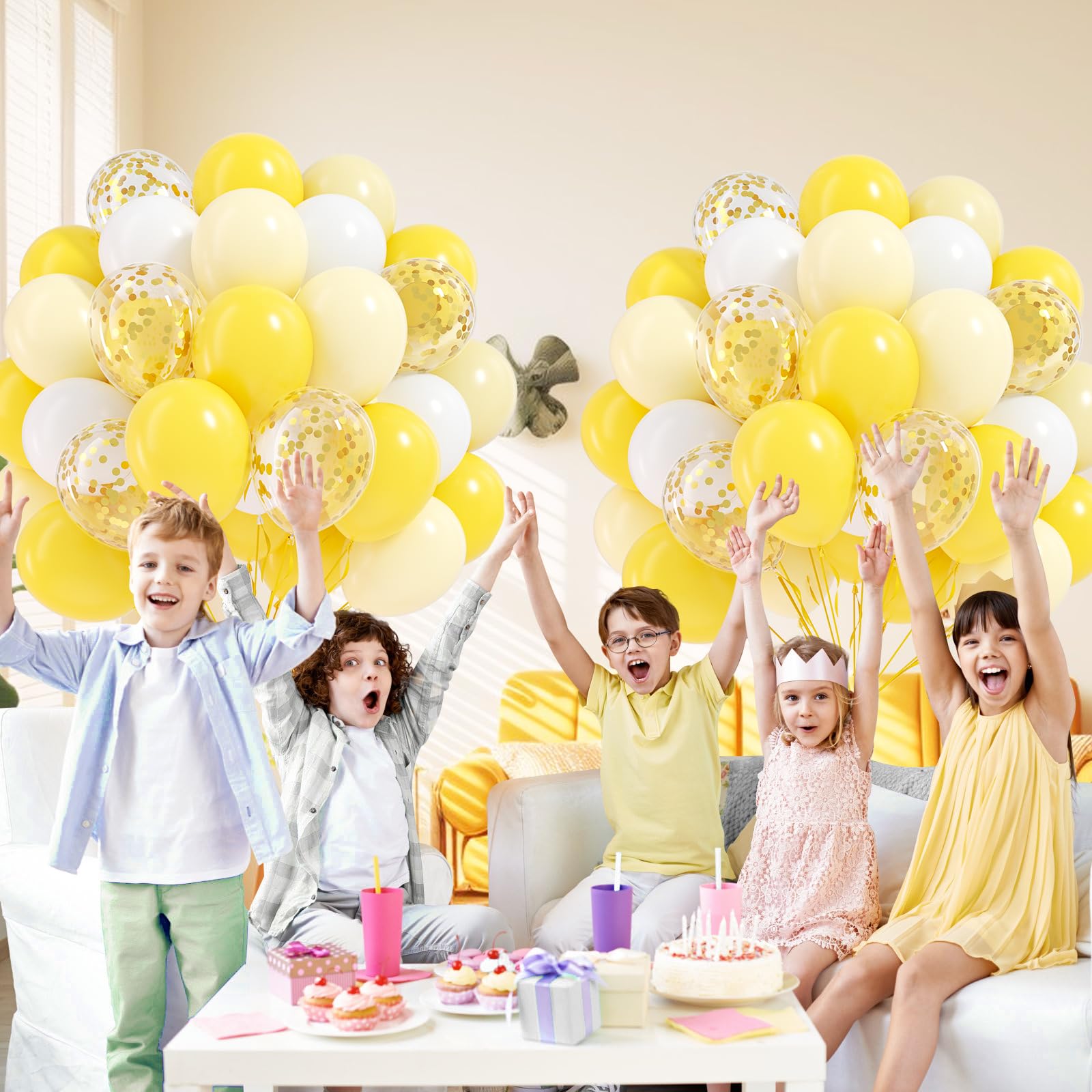 Awenztech backdrop assembly using yellow and white balloons.