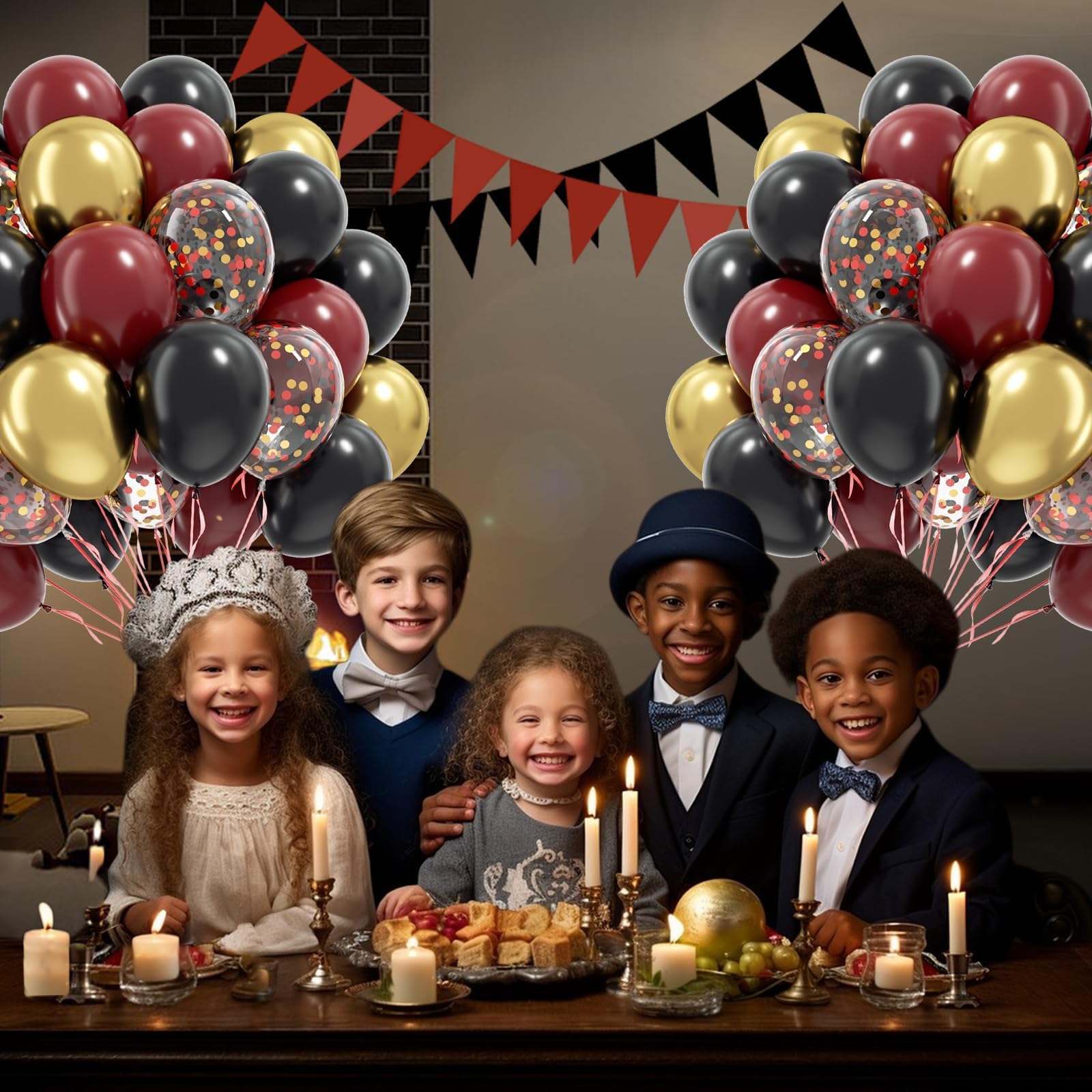 Awenztech black red gold confetti balloons provide a stylish centerpiece.