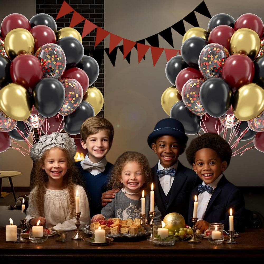 Awenztech black red gold confetti balloons provide a stylish centerpiece.