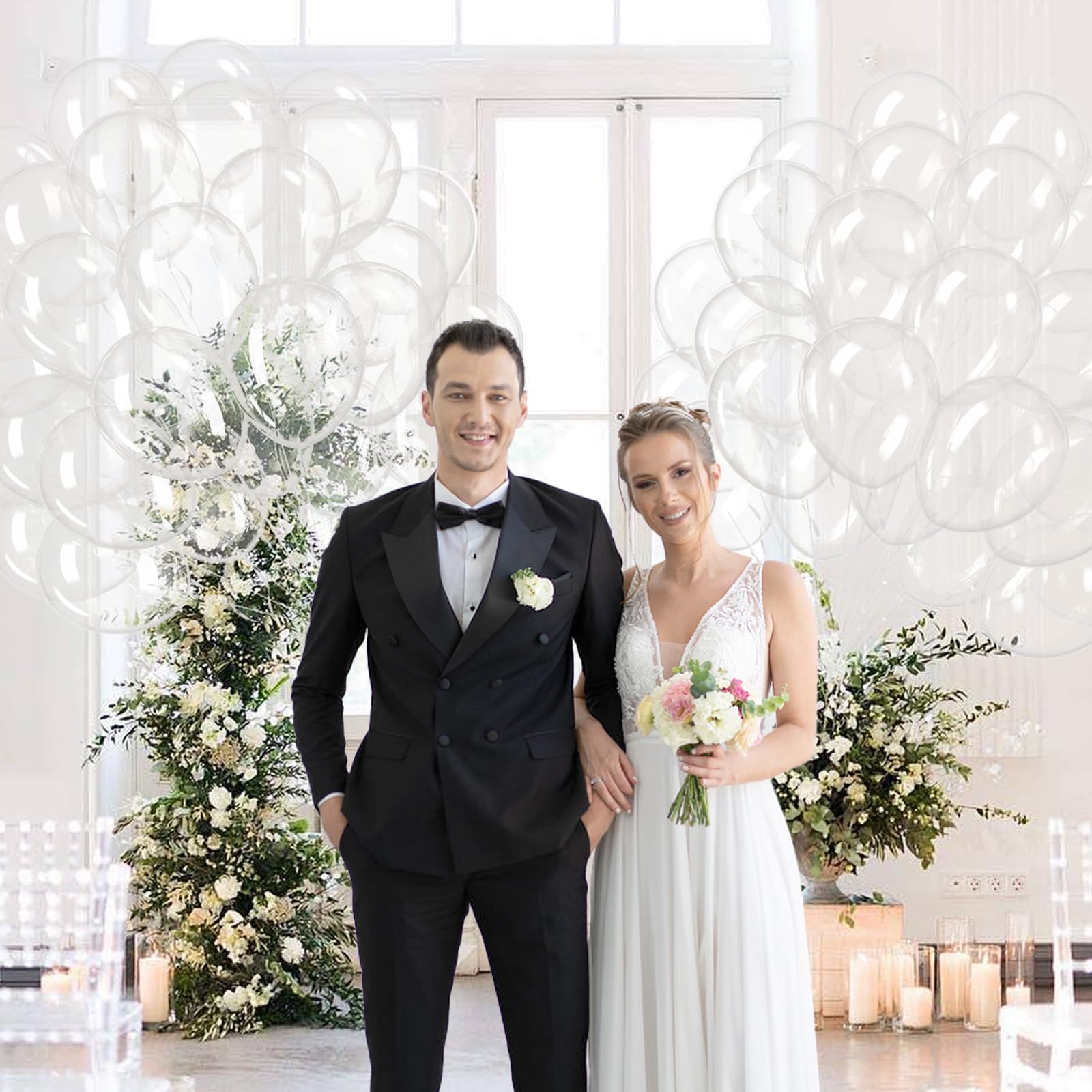 awenztech bridal shower clear balloons closeup—crystal clarity enhances modern party accents.