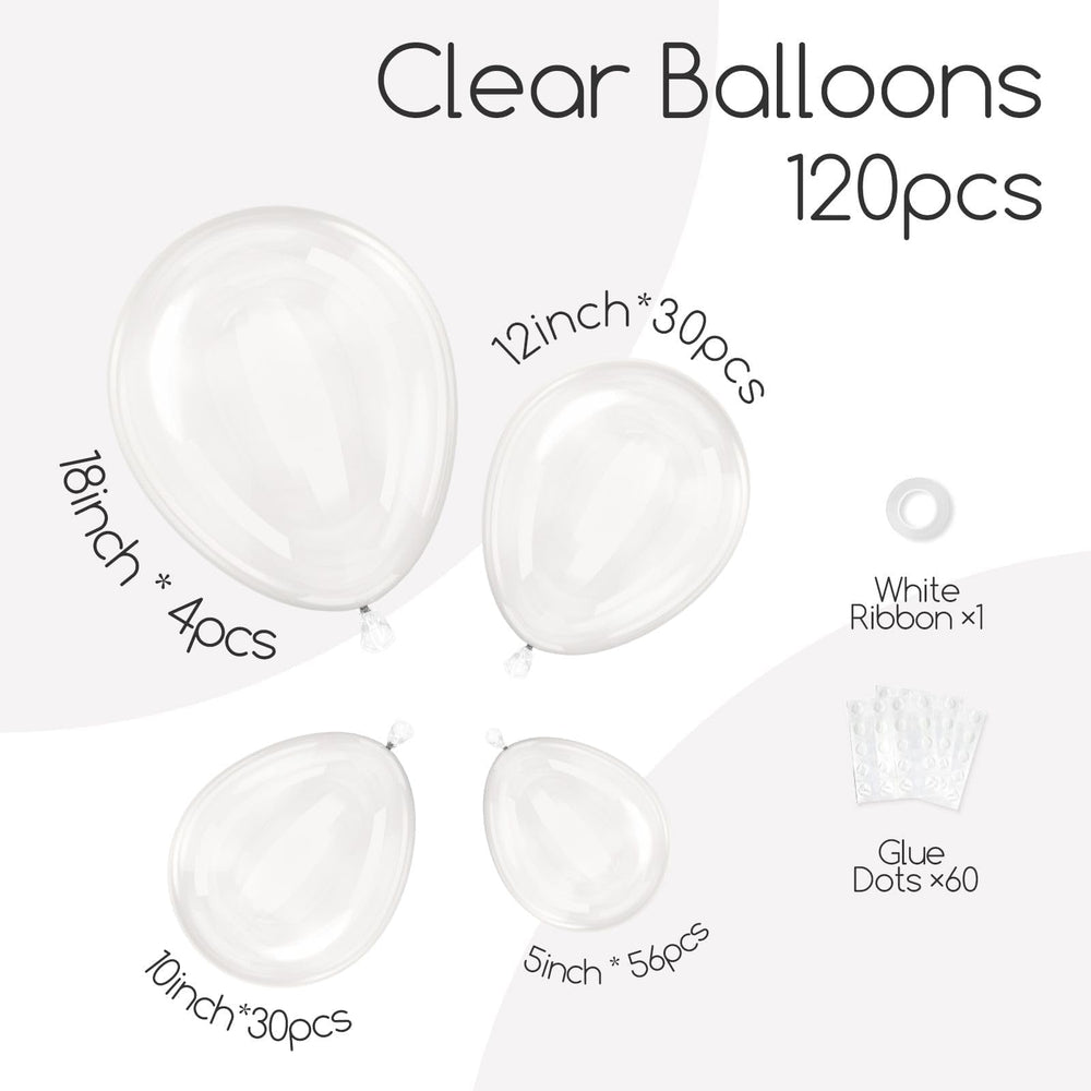 AwenzTech 5-inch clear balloons fill gaps with subtle accents.