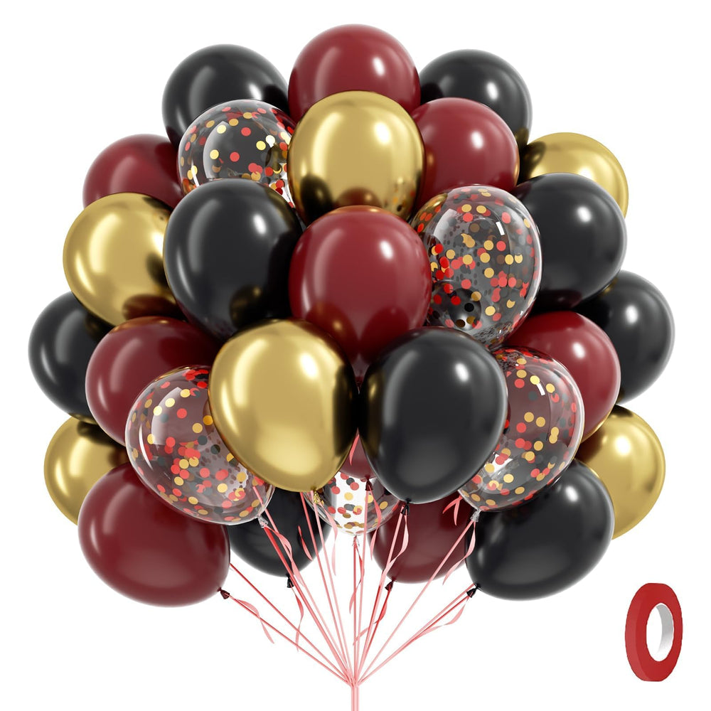 Awenztech maroon gold confetti balloons create an elegant party focal point.