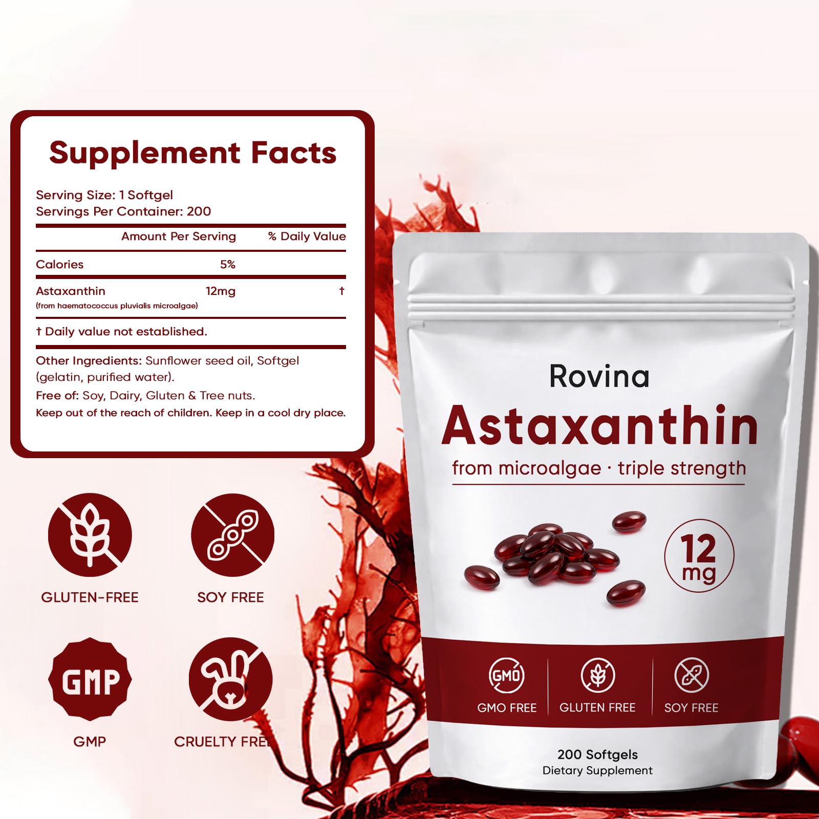 Awjsde Rovina Astaxanthin softgels close-up highlighting easy-to-swallow format.