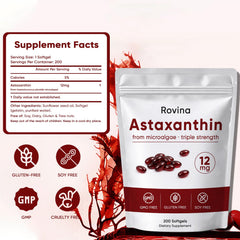 Awjsde Rovina Astaxanthin softgels close-up highlighting easy-to-swallow format.