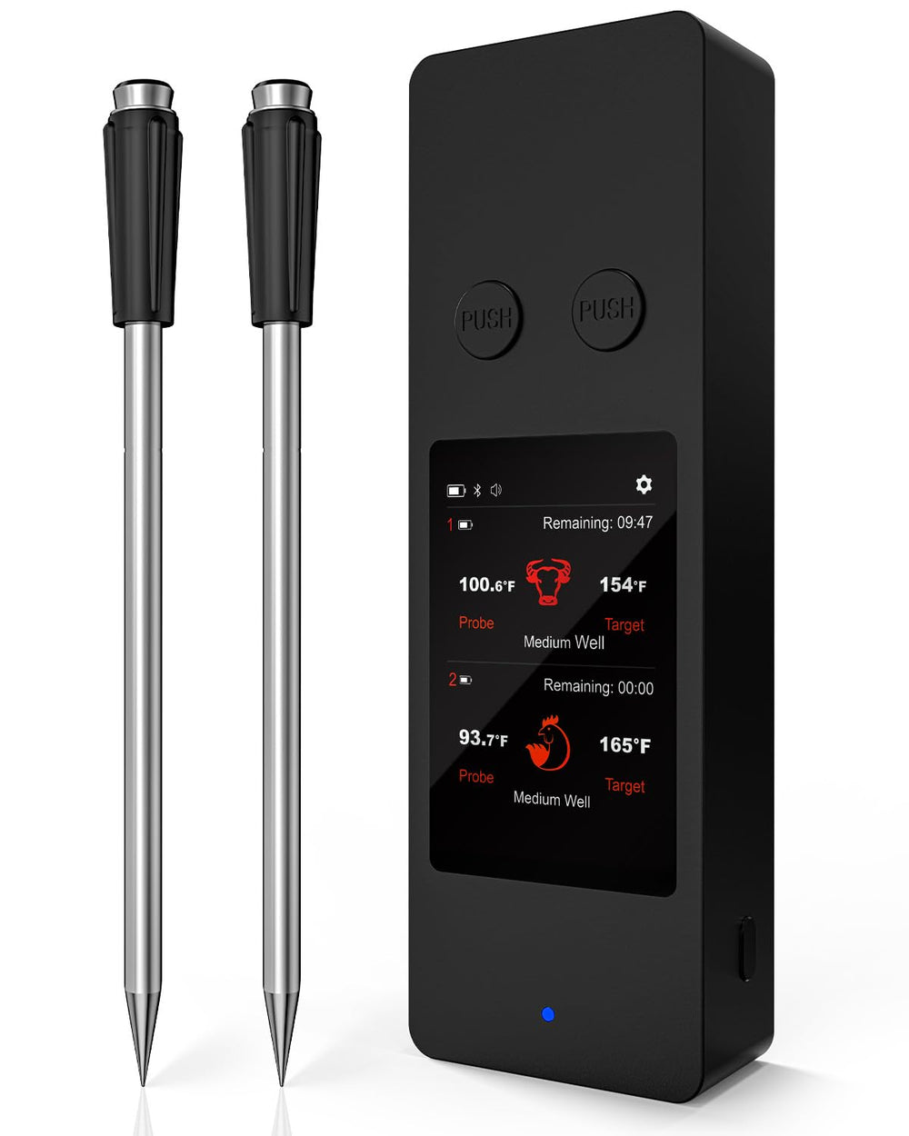 AWLKIM Bluetooth meat thermometer on the dock for quick, phone-free cooking control.