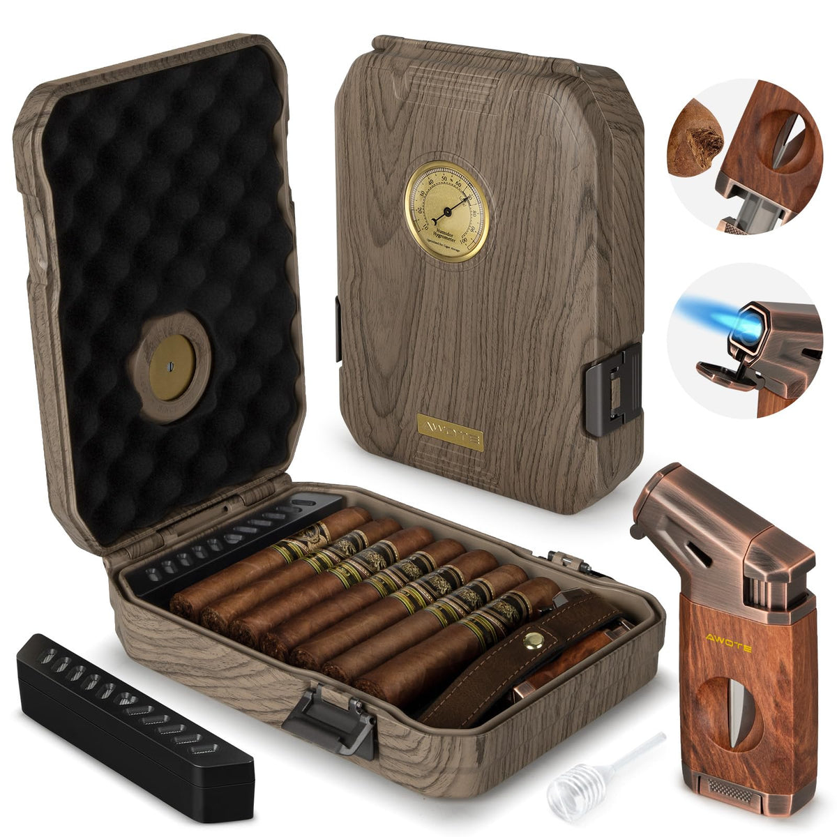 AWOTE travel cigar humidor case with wood texture exterior for stylish protection