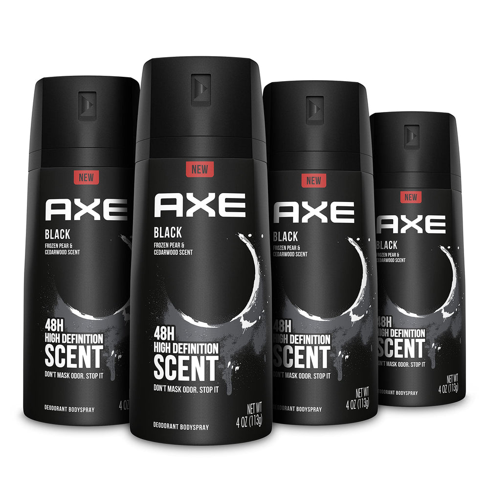 AXE Black men’s body spray bottle front view showing a refreshing odor protection feature