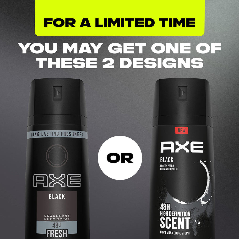 AXE Black bottle side label displaying cedarwood and pear notes for everyday use